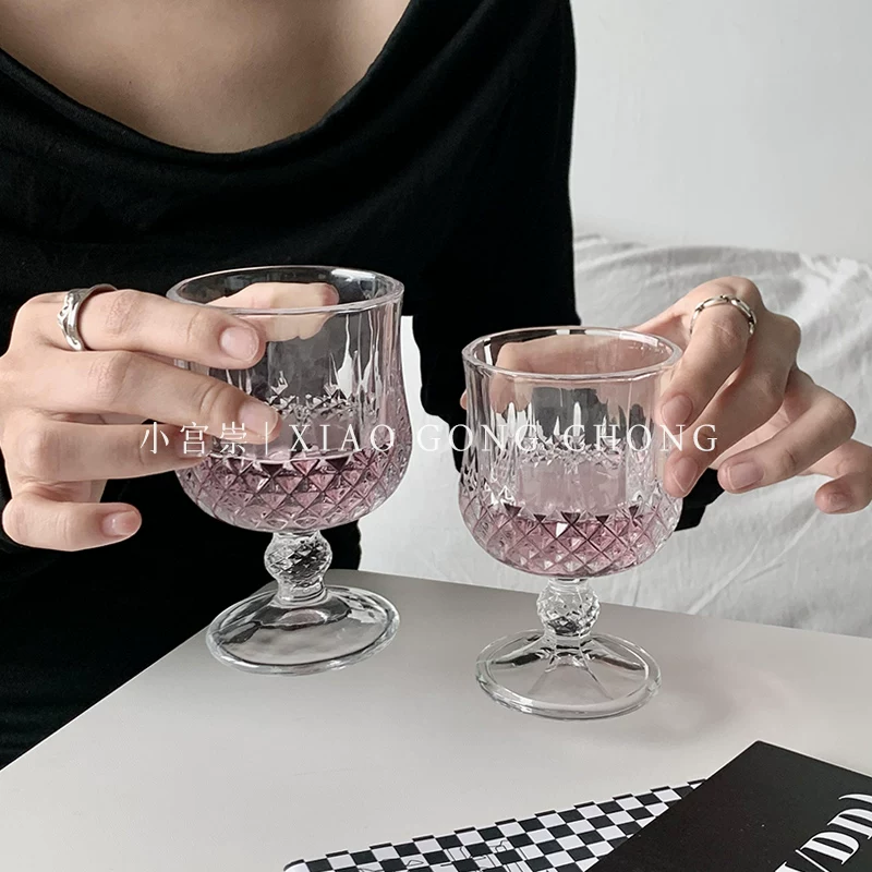Ly thủy tinh khắc hoa văn kim cương, phong cách cổ điển cao cấp, ly uống rượu trái cây ngọt ngào, ly cocktail, ly rượu vang đỏ cao