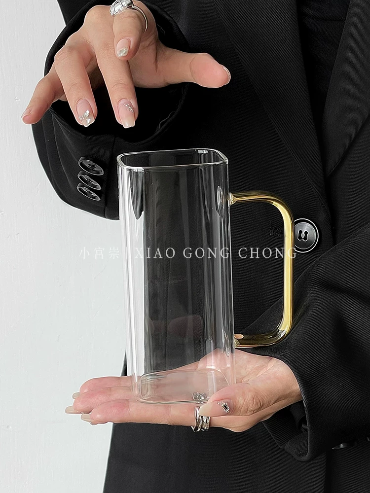 Ly thủy tinh vuông kiểu Instagram có quai cầm, dùng trong nhà, chất liệu thủy tinh borosilicate cao cấp chịu nhiệt, ly ăn sáng, ly sữa, ly cà phê.