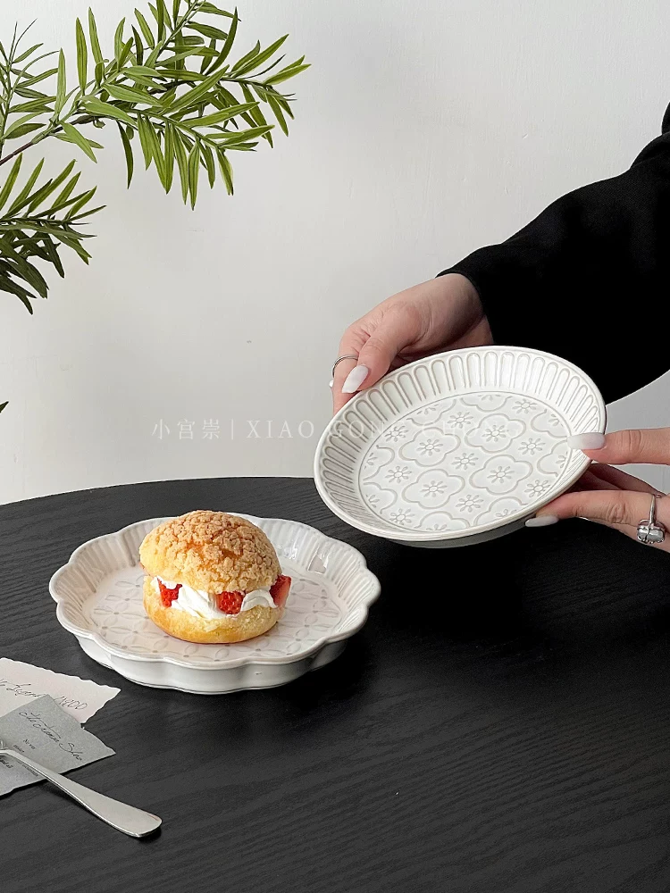 Đĩa gốm sứ kiểu Pháp cổ điển, đĩa tráng miệng nổi gân tạo kiểu độc đáo, đĩa bánh ngọt dùng cho trà chiều, đĩa mì kiểu Tây