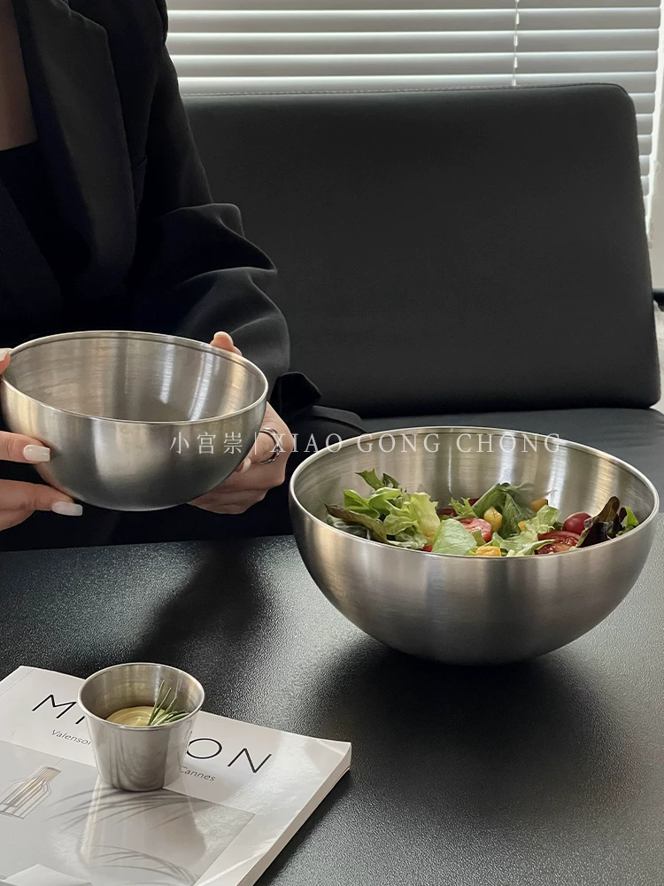 Bát trái cây bằng thép không gỉ phong cách công nghiệp Hàn Quốc, bát salad, đồ dùng bằng kim loại gia dụng phong cách đơn giản, bát mì lạnh, bát cơm trộn