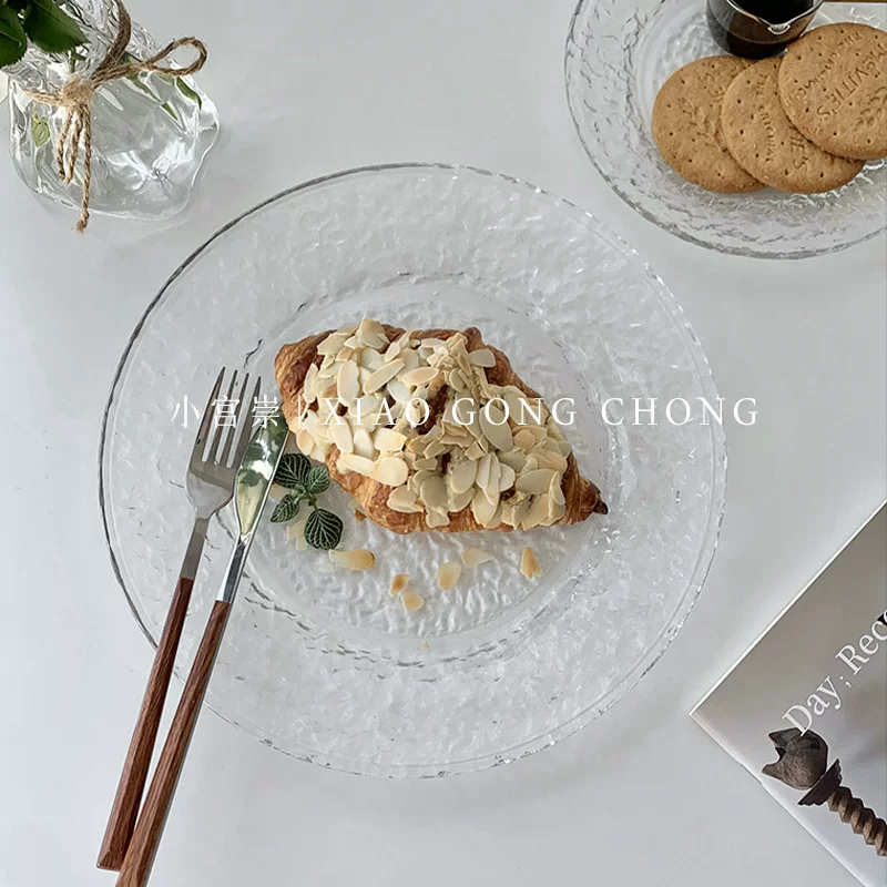Đĩa tròn thủy tinh kiểu Glacier, đĩa tráng miệng phong cách ins, đĩa trái cây, đĩa tráng miệng cao cấp, đĩa bánh ngọt, bộ đồ ăn