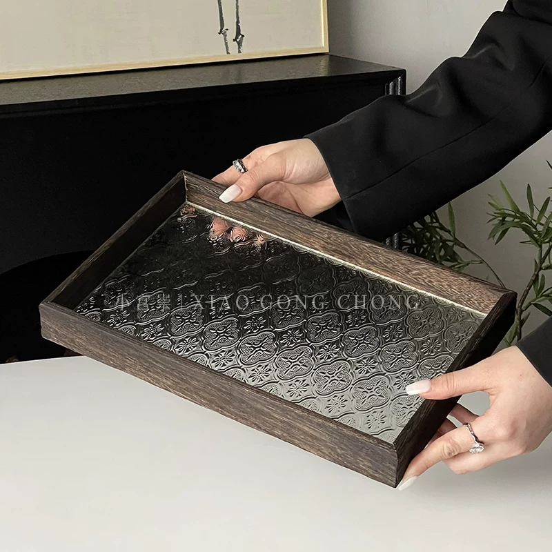 Khay thủy tinh hoa mẫu đơn kiểu Trung Hoa, đĩa gỗ hình chữ nhật cổ điển, khay đựng trái cây gia dụng, khay trà, khay đựng đồ
