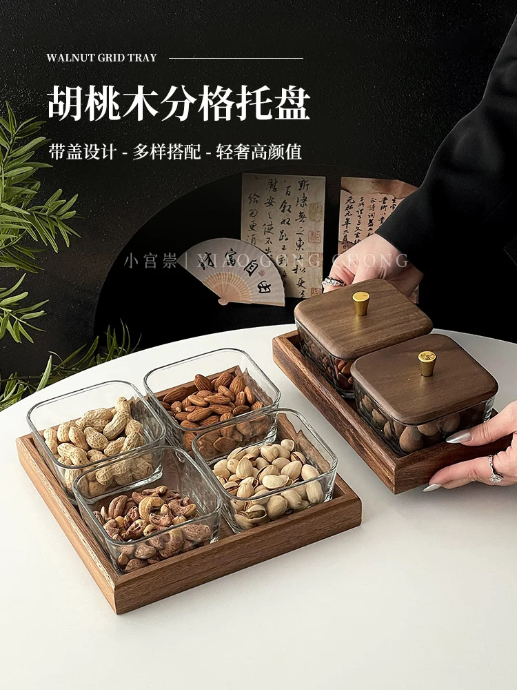 Đĩa đựng trái cây óc chó dùng trong gia đình, đĩa đựng trái cây sấy khô cao cấp nhẹ nhàng sang trọng có nắp kính, đĩa đựng đồ ăn nhẹ chia ngăn, đĩa đựng đồ.