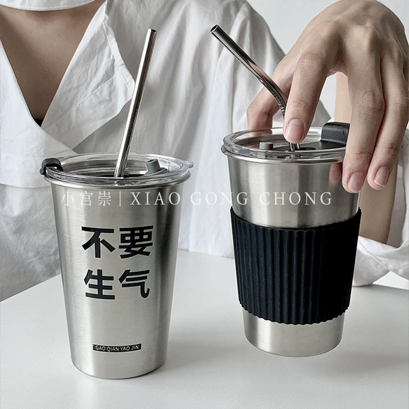 Cốc nước không gây tức giận, cốc inox 304 kiểu dáng ins có nắp, cốc có ống hút, cốc di động và tiện lợi, cốc cà phê du lịch chống rơi.