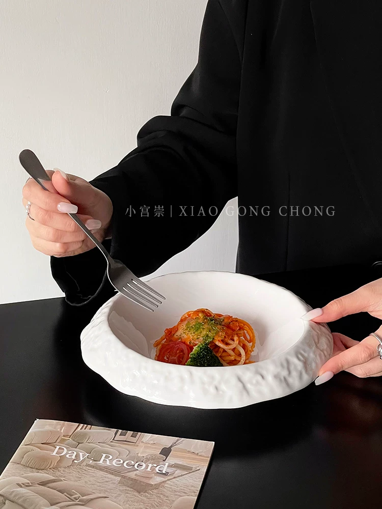 Đĩa gốm họa tiết đá, đĩa sâu gia dụng cao cấp, đĩa kiểu Tây màu trắng tinh khiết sang trọng nhẹ nhàng, đĩa súp, đĩa steak và mì ý sáng tạo.