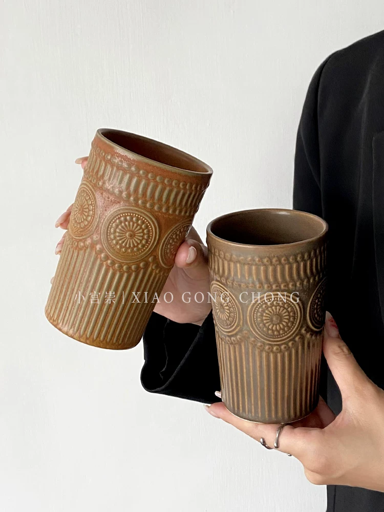Ly sứ gốm cao cấp màu cà phê sữa cổ điển châu Âu, họa tiết hoa hướng dương nổi, ly cà phê, ly sữa, ly nước gia dụng