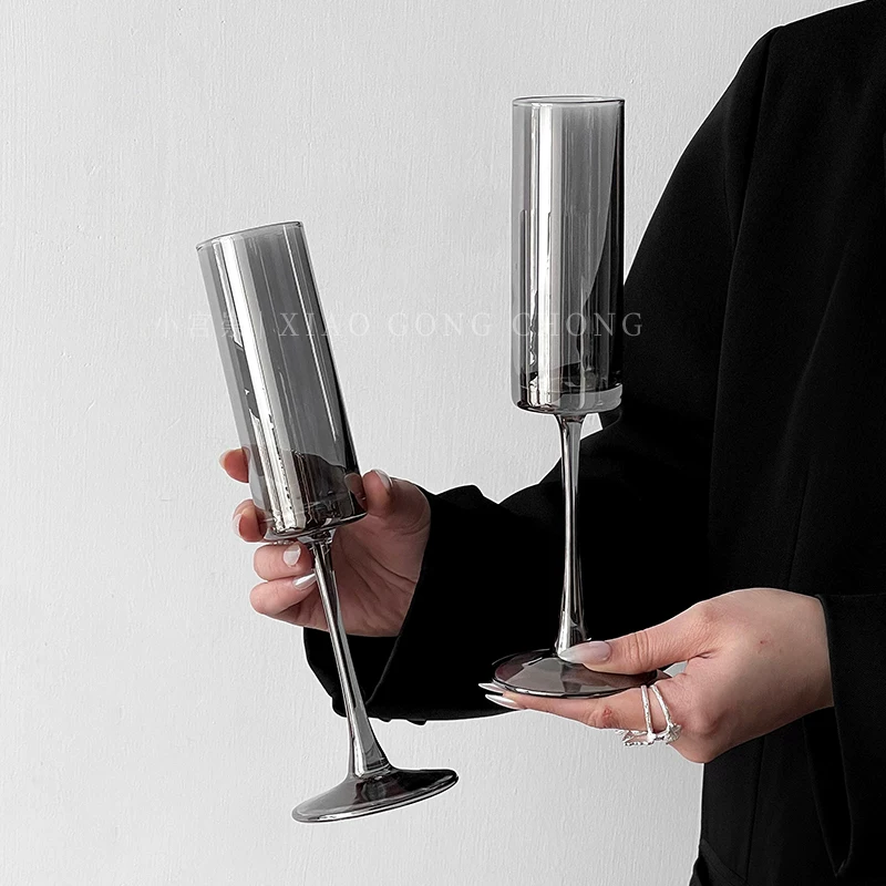 Ly thủy tinh cao màu tro kiểu Pháp cổ điển, ly rượu vang đỏ cao cấp, ly rượu sâm banh kiểu Tây dùng trong tiệc, ly nước ép sáng tạo.