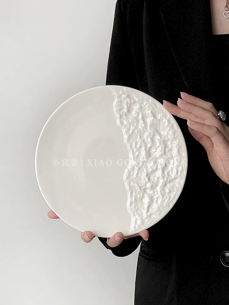 Đĩa họa tiết đá, đĩa phẳng gốm sứ gia dụng, đĩa nông, đĩa nhà hàng, đĩa bày món kiểu ins, đĩa tráng miệng, đĩa sáng tạo.