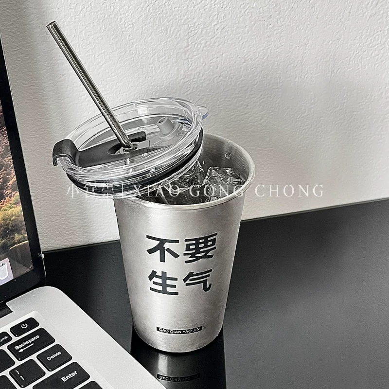 Cốc nước không gây tức giận, cốc inox 304 kiểu dáng ins có nắp, cốc có ống hút, cốc di động và tiện lợi, cốc cà phê du lịch chống rơi.