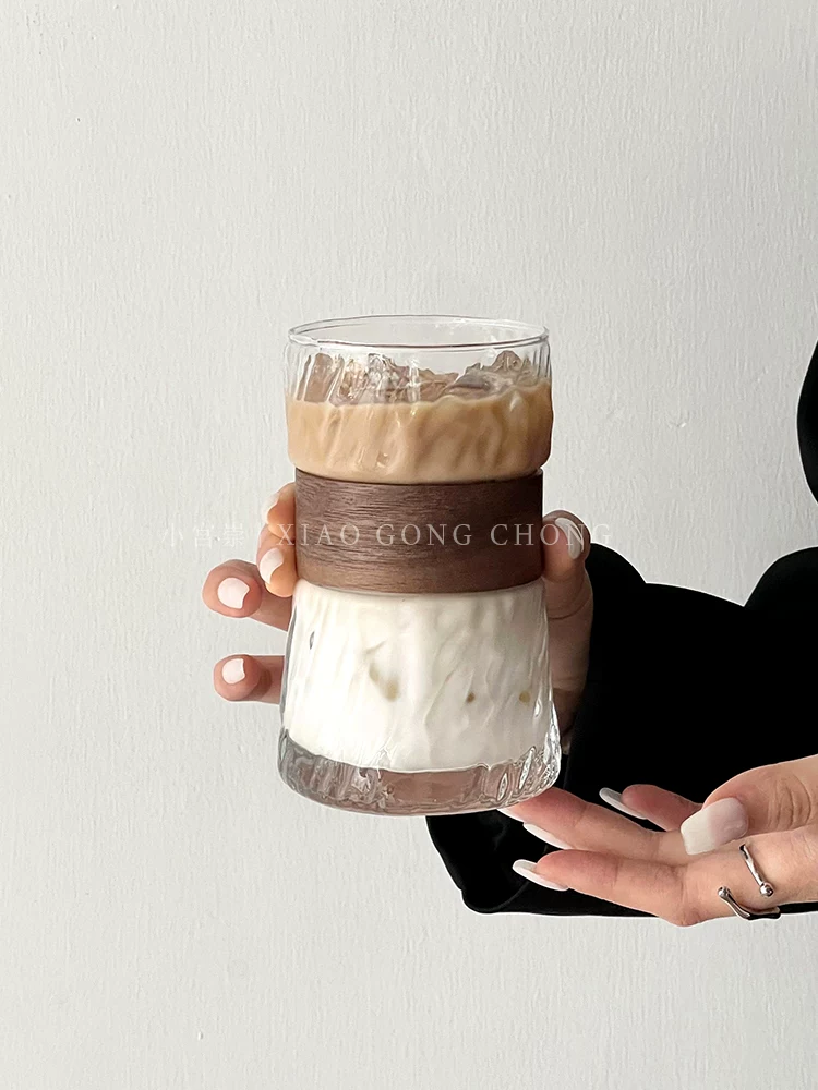 Ly cà phê treo tai phong cách Ins dùng trong nhà, chống bỏng, ly thủy tinh có vỏ tre cách nhiệt, ly latte đá kiểu cổ điển, ly trà.