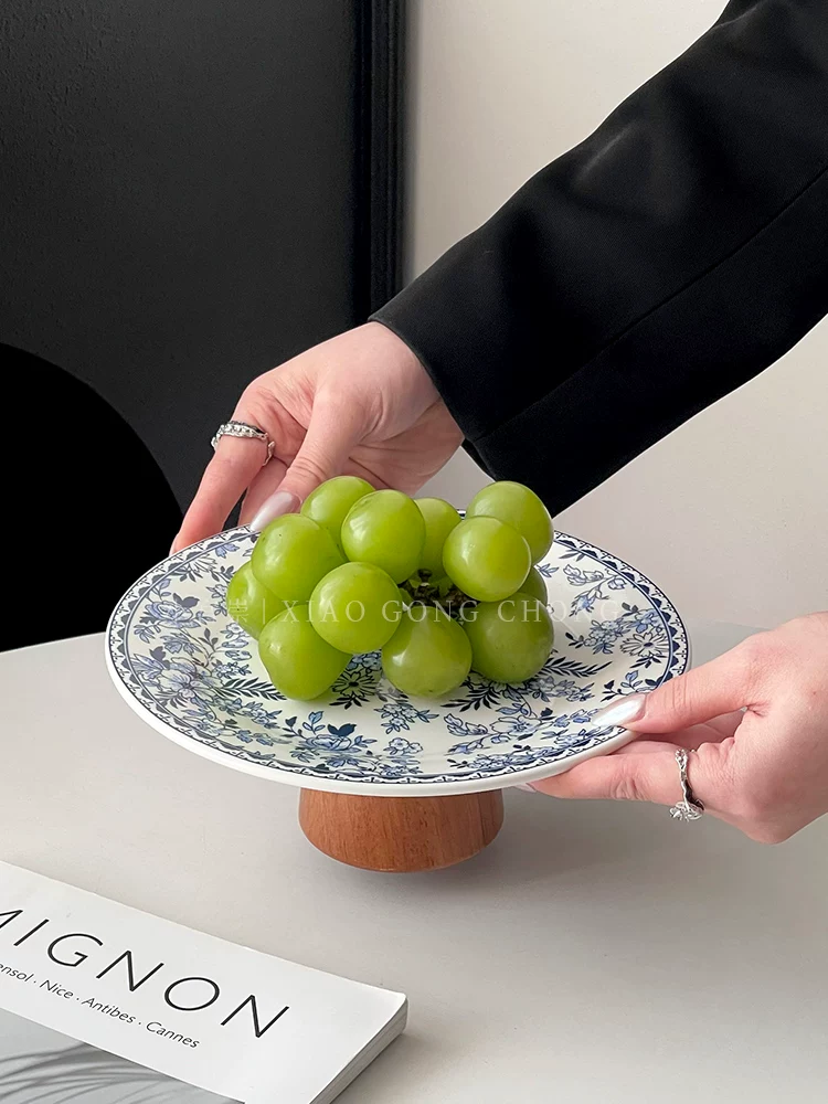 Đĩa đựng trái cây cao bằng sứ trắng xanh cổ điển kiểu Trung Quốc, đĩa đựng trái cây khô gia dụng có giá trị cao, đĩa tráng miệng cho bữa trà chiều, đĩa đựng đồ ăn nhẹ