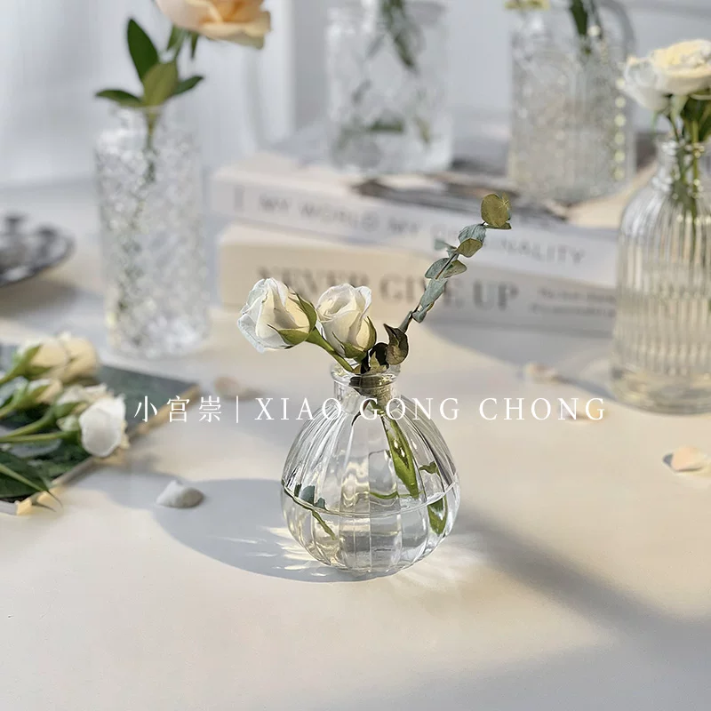 Bình thủy tinh nhỏ kiểu Pháp phong cách ins với họa tiết nổi cổ điển, đồ trang trí nhà cửa nhỏ xinh cho phòng khách, bình cắm hoa thủy canh.
