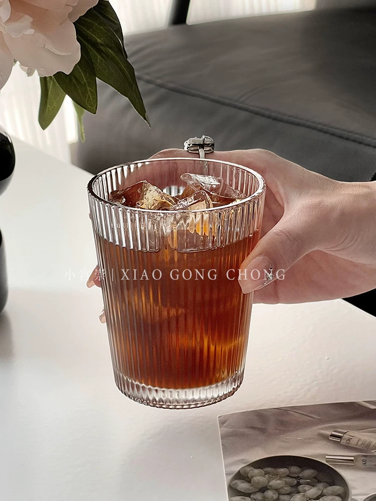 Ly thủy tinh sọc đơn giản kiểu Nhật, ly cà phê đá Americano, ly sữa phong cách ins, ly trà, ly nước gia dụng, ly nước giải khát.