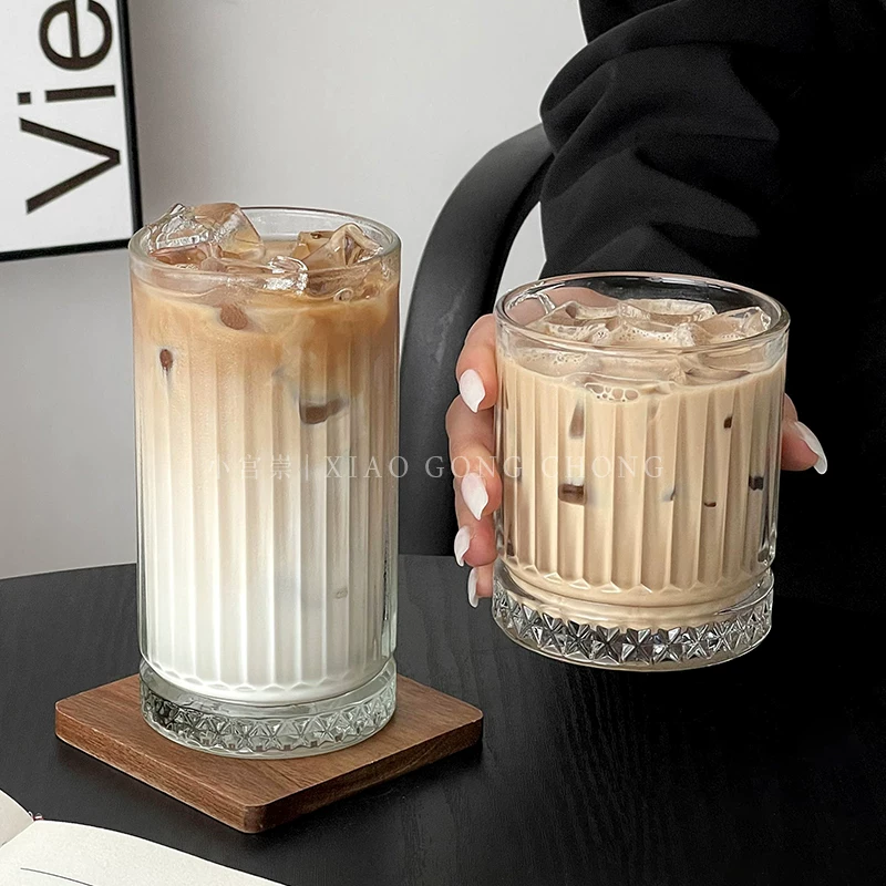 Ly cà phê đá kiểu Ins, ly thủy tinh sọc cổ điển dùng pha cà phê lạnh mocha, ly sữa, ly ăn sáng