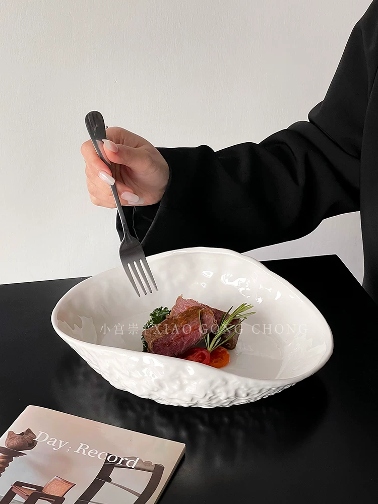 Đĩa gốm sứ họa tiết đá, đĩa súp gia dụng sang trọng nhẹ nhàng, đĩa rau củ, đĩa steak trắng tinh khôi sáng tạo cao cấp, đĩa mì ống.