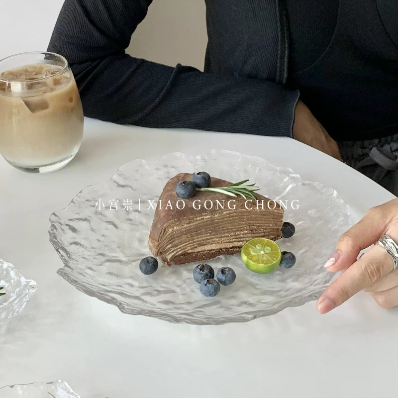 Đĩa thủy tinh hình dạng bất quy tắc phong cách Nhật Bản, đĩa ăn nhẹ gia đình, đĩa trái cây, khay tráng miệng tròn, đồ dùng trên bàn ăn