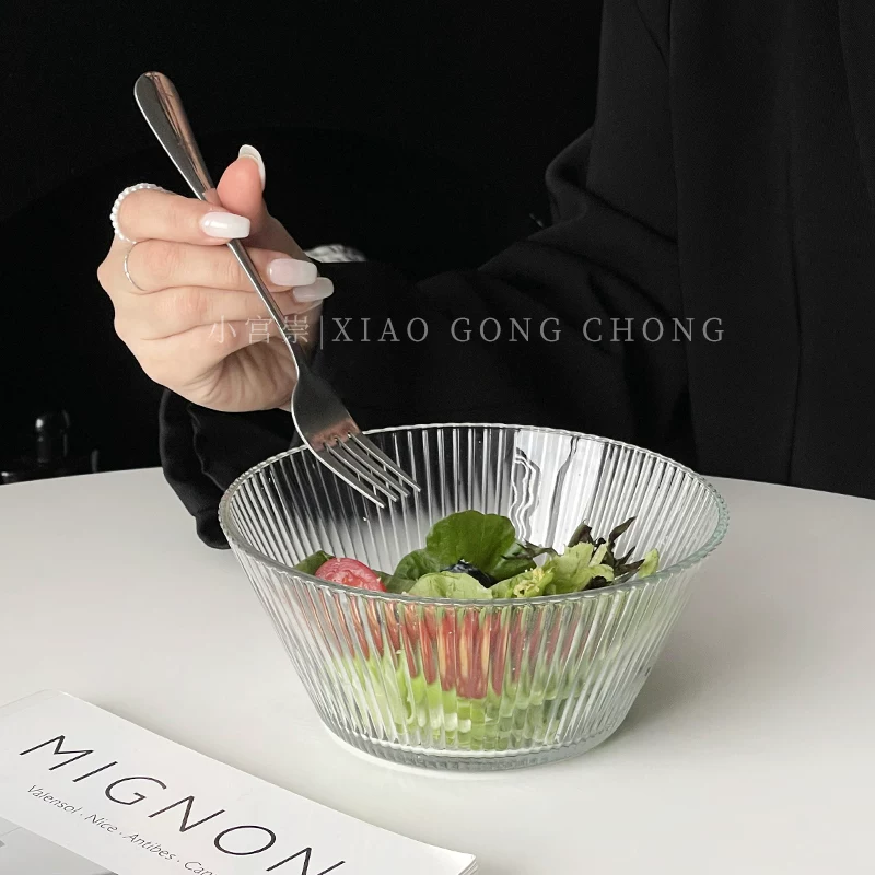 Bát thủy tinh sọc kiểu Hàn Quốc kiểu ins bát salad trái cây đơn giản bát mì ăn liền dung tích lớn bát ngũ cốc ăn sáng sữa chua