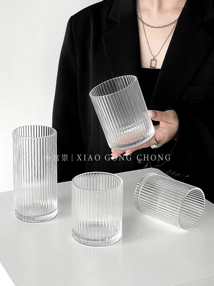 Ly thủy tinh sọc tối giản dùng cho Americano đá, Latte, cà phê, nước ép, đồ uống, ly sữa dùng trong nhà, ly nước.