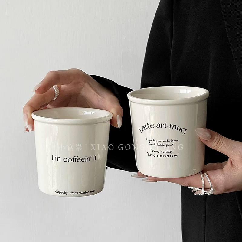 Cốc gốm hình ly giấy phong cách Hàn Quốc, cốc cà phê chữ màu trắng sữa dễ thương, cốc sữa, cốc cầm tay, cốc