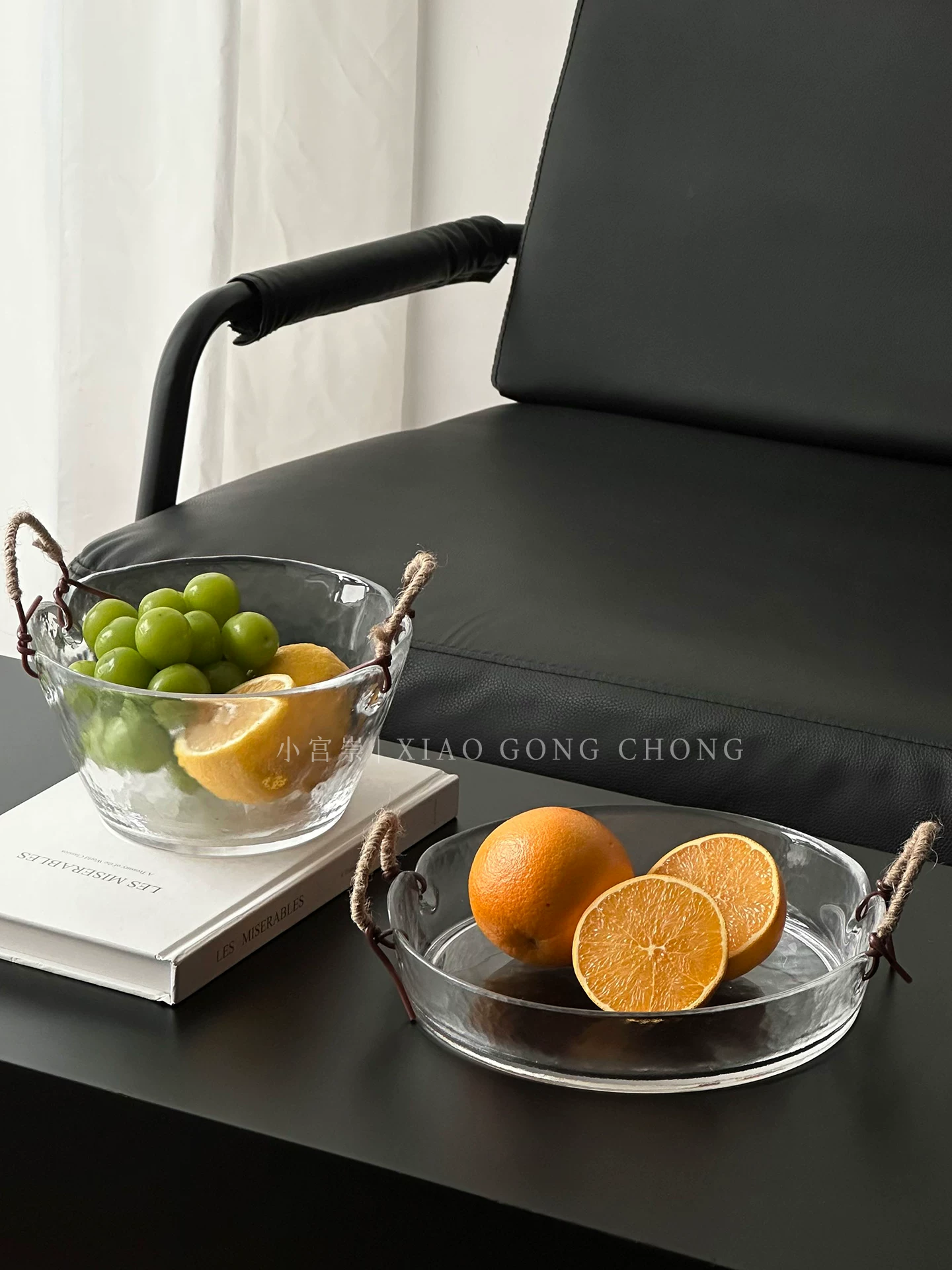 Khay đựng trái cây lớn bằng thủy tinh chạm khắc, quai xách bằng dây thừng gai cổ điển, phong cách nhà ở hiện đại, khay đựng đồ ăn nhẹ, xô đá di động