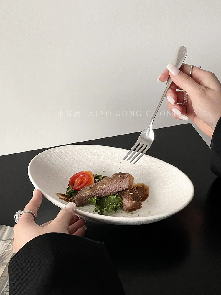 Đĩa gốm hình bầu dục họa tiết đá sáng tạo dùng trong gia đình, đĩa kiểu Tây cao cấp, đĩa steak, đĩa cá, đĩa rau, đĩa salad