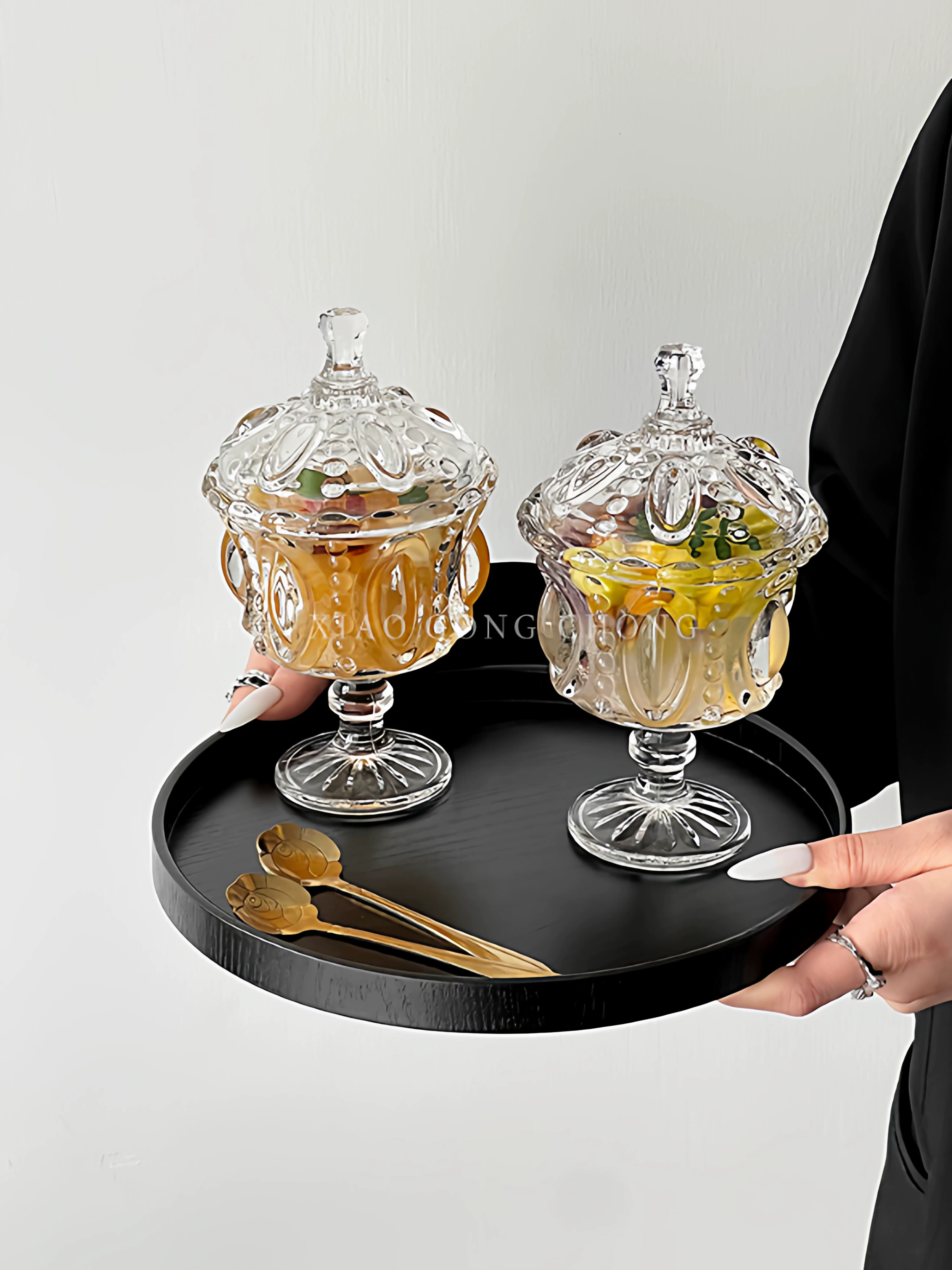 Bát tráng miệng cổ điển có nắp, cốc kem chạm nổi kiểu cung điện, cốc thủy tinh, bát nước đường cao cấp, bát sữa chua.