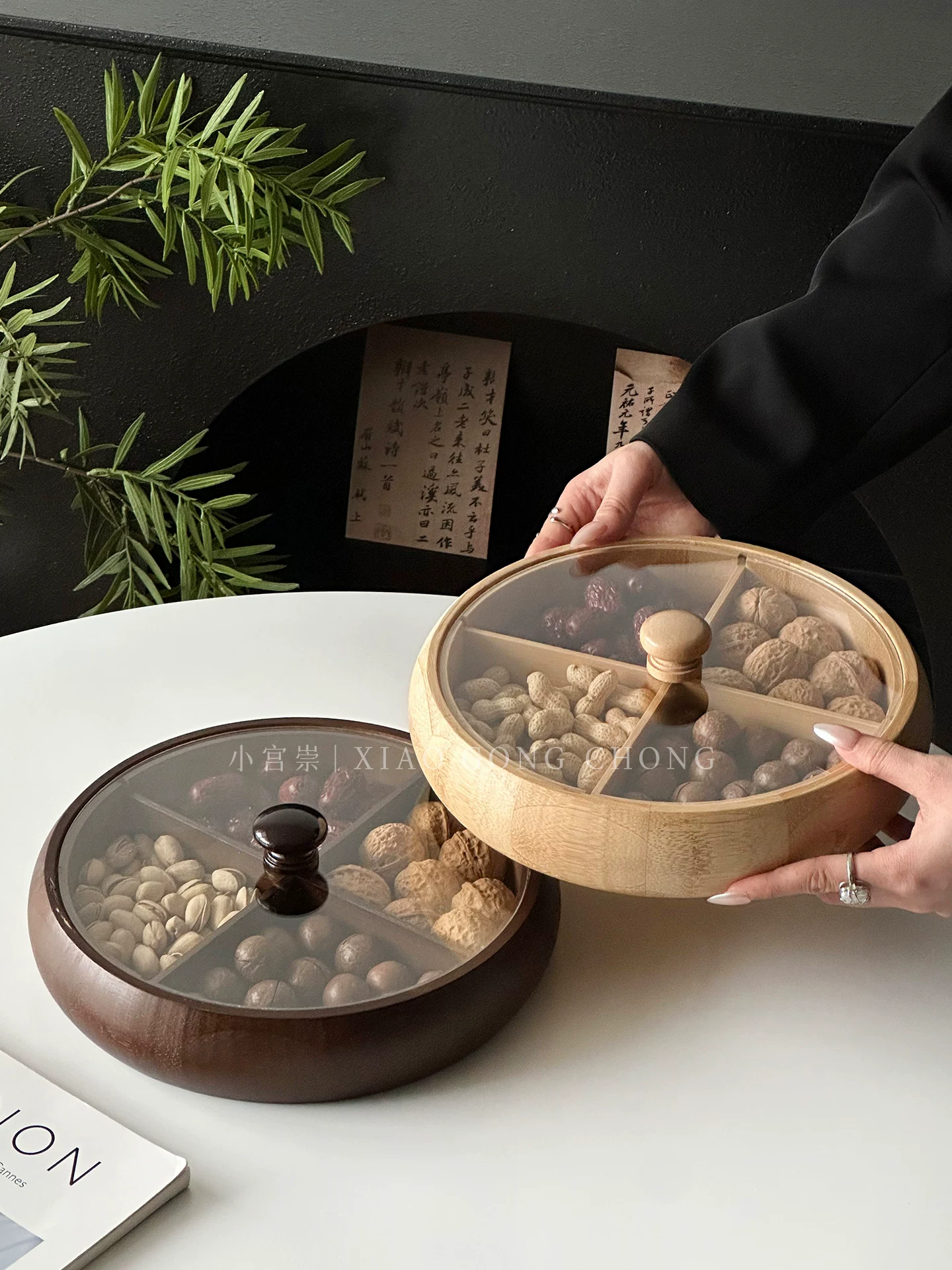 Đĩa trái cây sấy khô kiểu Trung Quốc dùng trong nhà, đặt trên bàn cà phê phòng khách, đĩa đựng đồ ăn nhẹ, đĩa chia ngăn cao cấp, đĩa trái cây, đĩa đựng đồ ăn nhẹ khi uống trà.