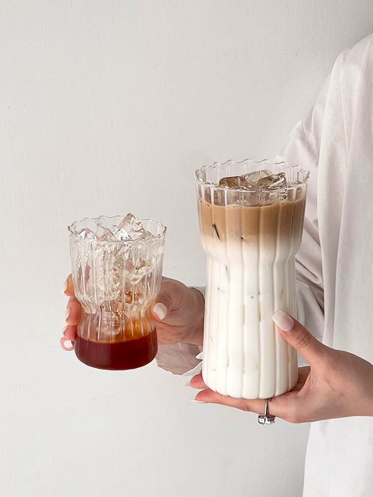 Ly thủy tinh sọc dọc phong cách Instagram, ly cà phê, ly latte đá kiểu cổ điển, ly sữa chịu nhiệt cao, ly nước.