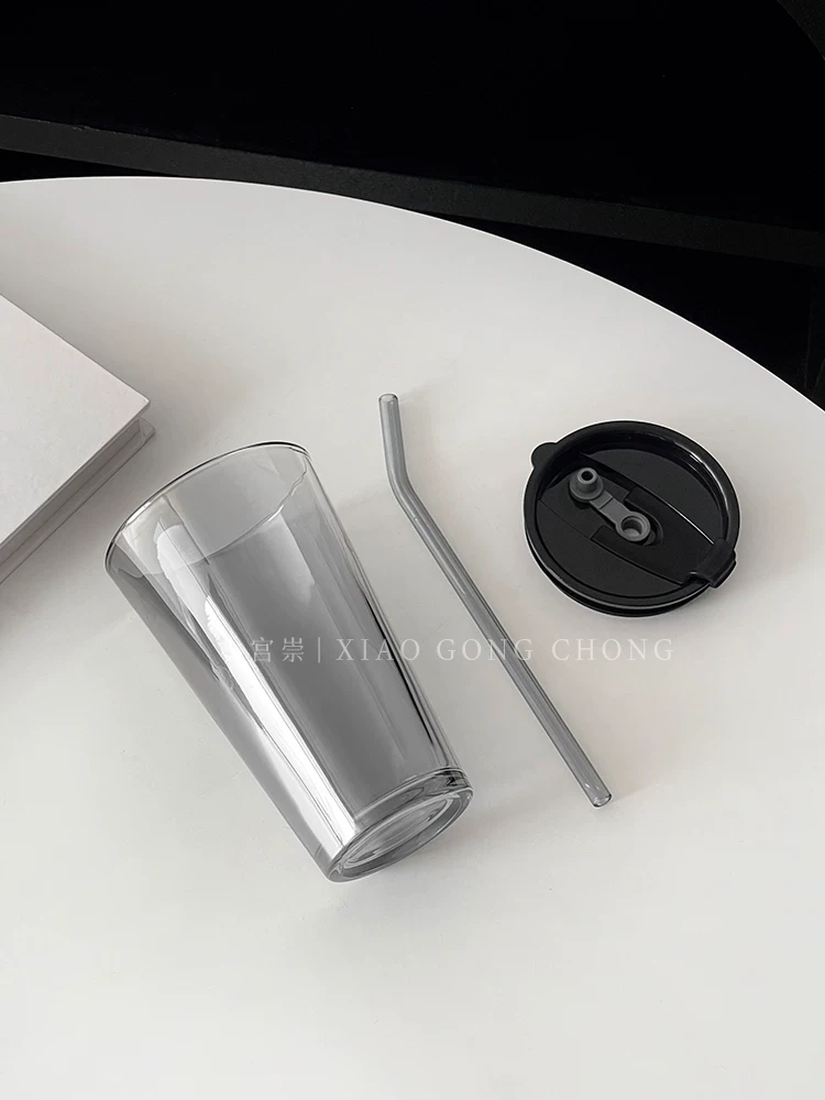 Ly thủy tinh có nắp kiểu Pháp, phong cách người nổi tiếng mạng xã hội, thích hợp cho mùa hè, dành cho nữ, dùng được cho cà phê, trà sữa và đồ uống lạnh.