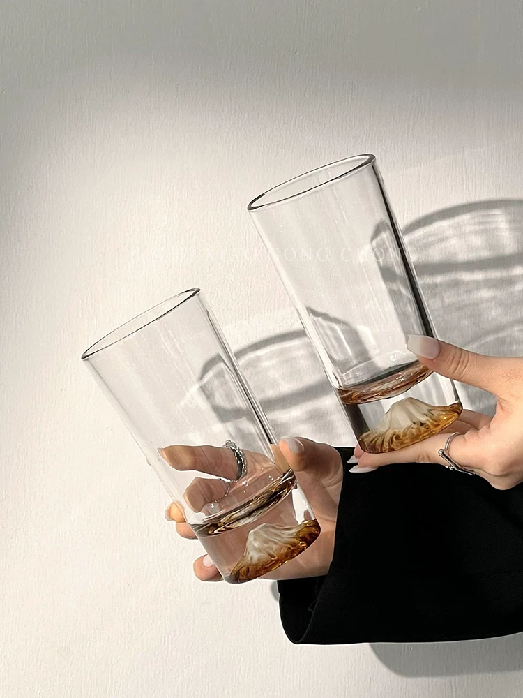 Ly thủy tinh phong cách Ins, ly ngắm núi Amber, ly núi Phú Sĩ, ly nước thủy tinh cao cấp, ly rượu whisky gia dụng, ly cà phê