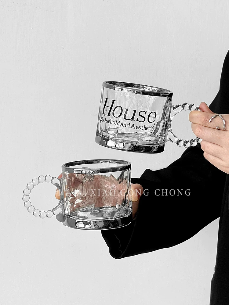 Cốc thủy tinh màu bạc phong cách công nghiệp, cốc cà phê cao cấp có tay cầm, cốc ăn sáng gia đình, cốc, cốc đựng đồ uống