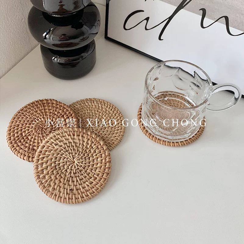 Đế lót ly bằng mây thủ công phong cách Ins, đệm cách nhiệt dệt, đế lót bát, đồ dùng gia đình chống bỏng, thảm trà chống trượt, đế lót ly tròn