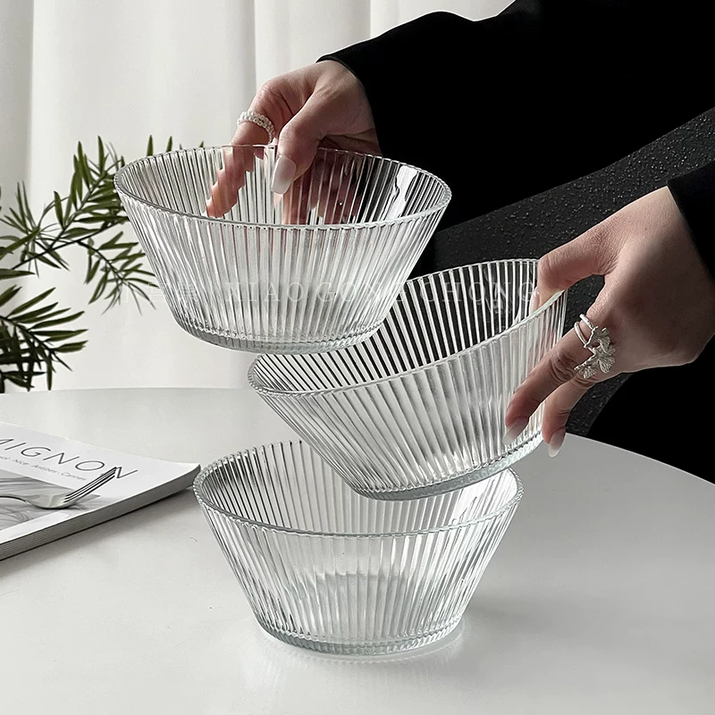 Bát thủy tinh sọc kiểu Hàn Quốc kiểu ins bát salad trái cây đơn giản bát mì ăn liền dung tích lớn bát ngũ cốc ăn sáng sữa chua