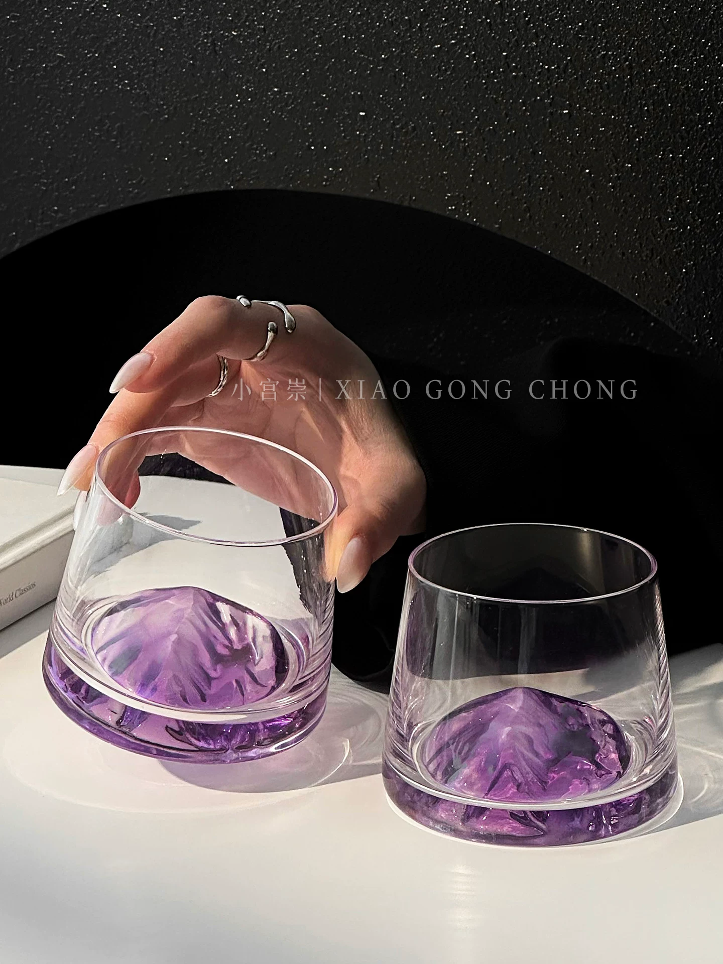 Ly núi Phú Sĩ màu tím cổ điển sáng tạo, ly thủy tinh cao cấp phong cách Instagram, ly rượu whisky, ly uống nước.