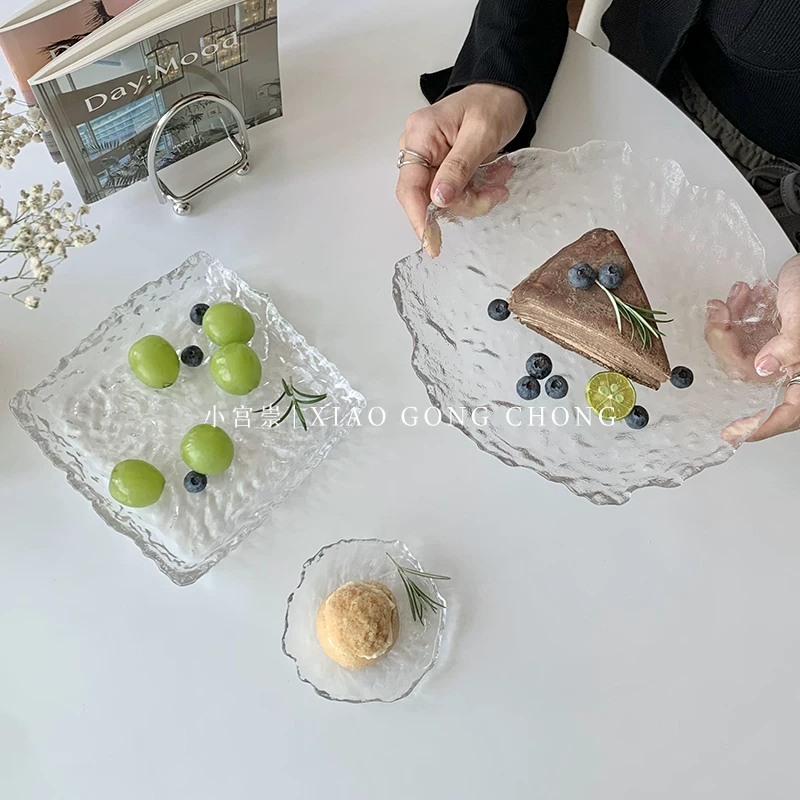Đĩa thủy tinh hình dạng bất quy tắc phong cách Nhật Bản, đĩa ăn nhẹ gia đình, đĩa trái cây, khay tráng miệng tròn, đồ dùng trên bàn ăn