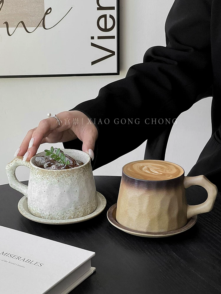 Bộ tách trà cà phê gốm sứ cổ điển dùng trong nhà, giá trị thẩm mỹ cao, cốc gốm thô mộc, cốc nghệ thuật latte sáng tạo và tinh tế.