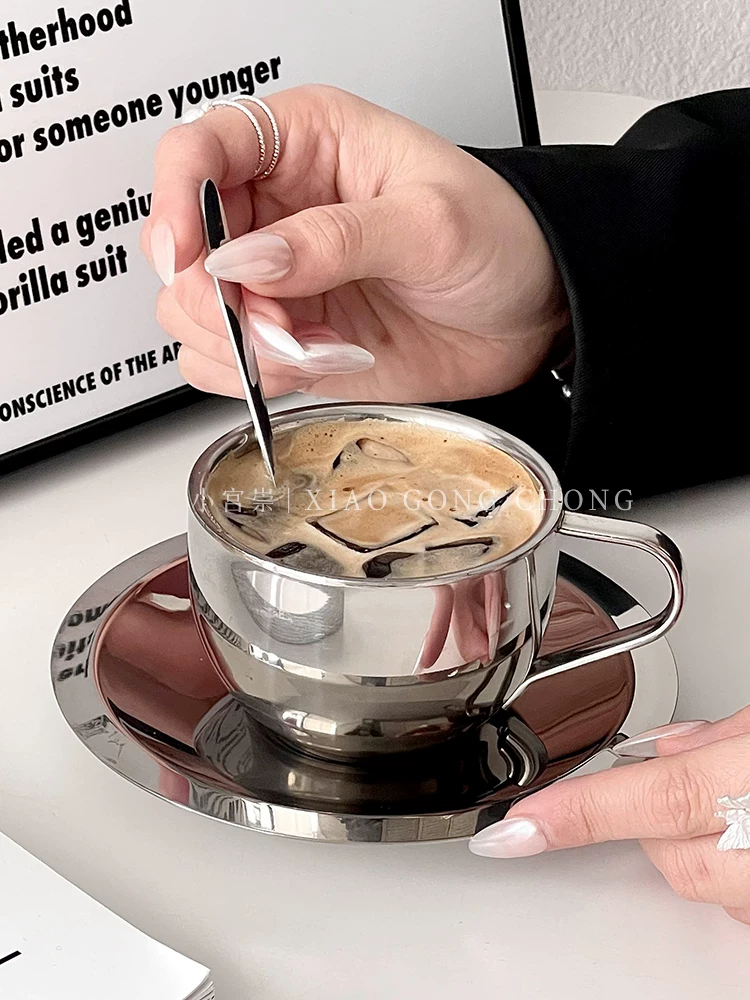 Bộ cốc và đĩa bằng thép không gỉ phong cách Instagram, cốc latte đá Mỹ, cốc nước gia dụng, cốc sữa uống trà chiều.
