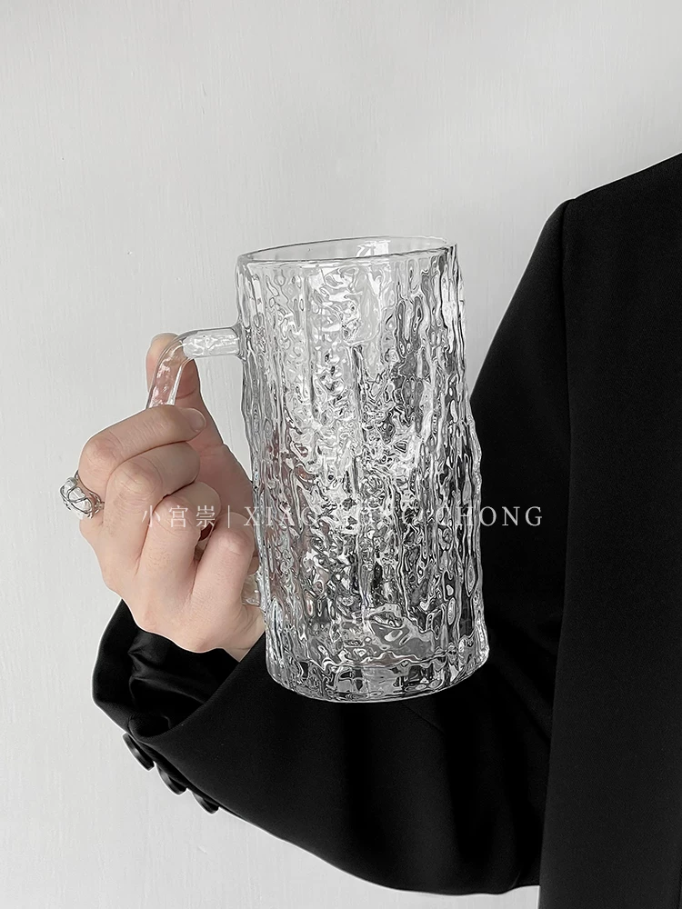 Ly thủy tinh gia dụng sáng tạo có tay cầm, ly uống nước họa tiết cây tươi mới đơn giản, ly bia, ly nước ép, ly cà phê