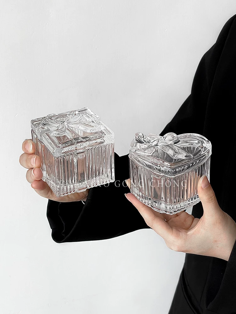 Hộp đựng đồ trang sức thủy tinh hình trái tim nữ tính có nơ, hộp đựng đồ trang trí nhà cửa cổ điển phong cách châu Âu