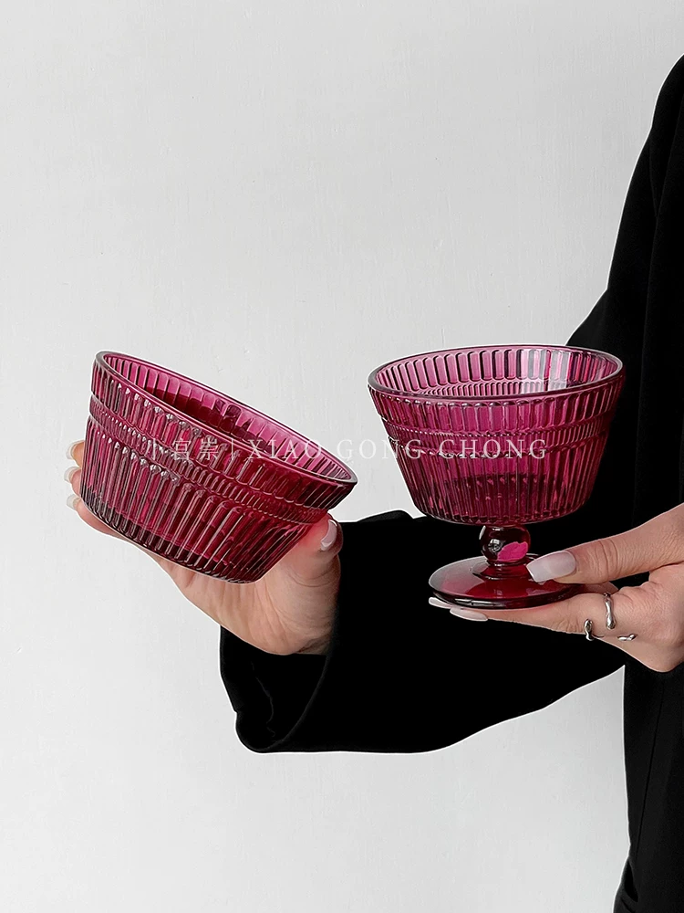 Ly kem sọc dọc màu đỏ hồng phong cách Ins, ly sữa chua gia dụng, bát tráng miệng, bát ăn sáng, bát salad, ly thủy tinh cao