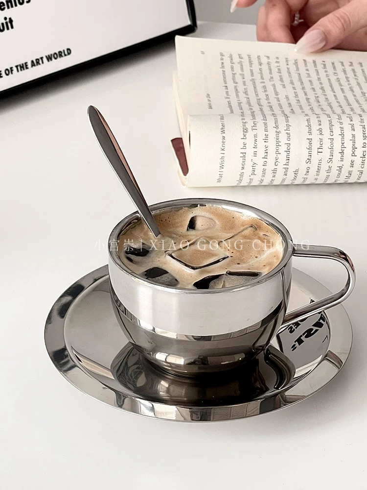 Bộ cốc và đĩa bằng thép không gỉ phong cách Instagram, cốc latte đá Mỹ, cốc nước gia dụng, cốc sữa uống trà chiều.