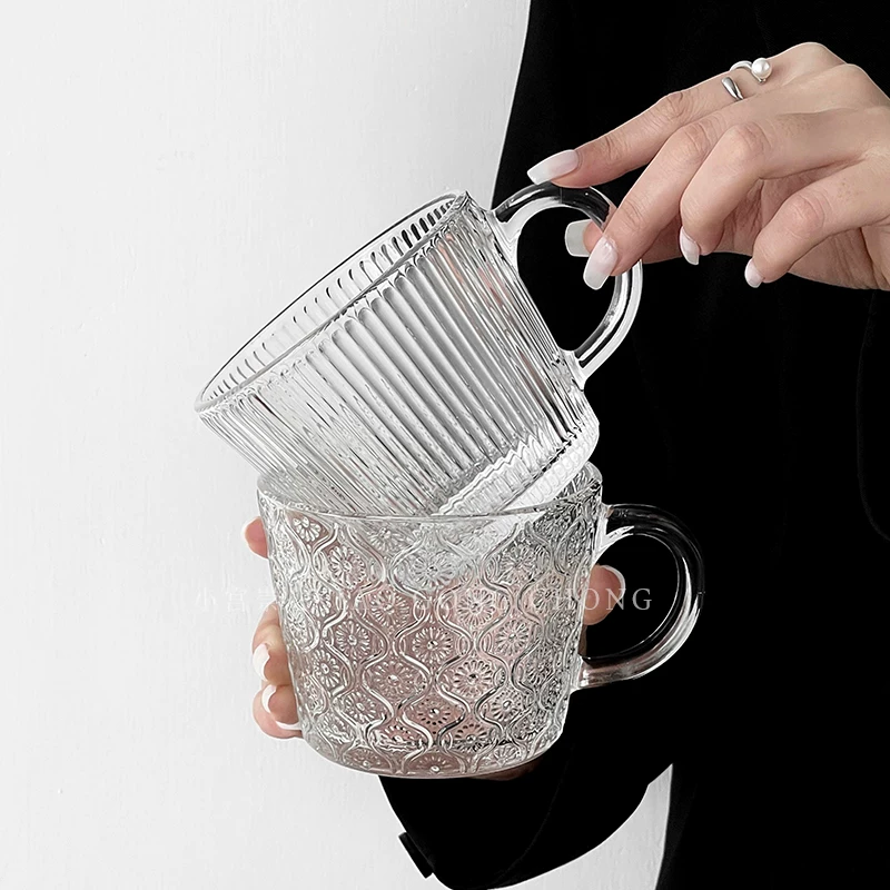 Ly sữa sọc đơn giản có tay cầm, ly cà phê đá retro phong cách ins, ly ăn sáng đựng cháo, ly nước ép, ly nước