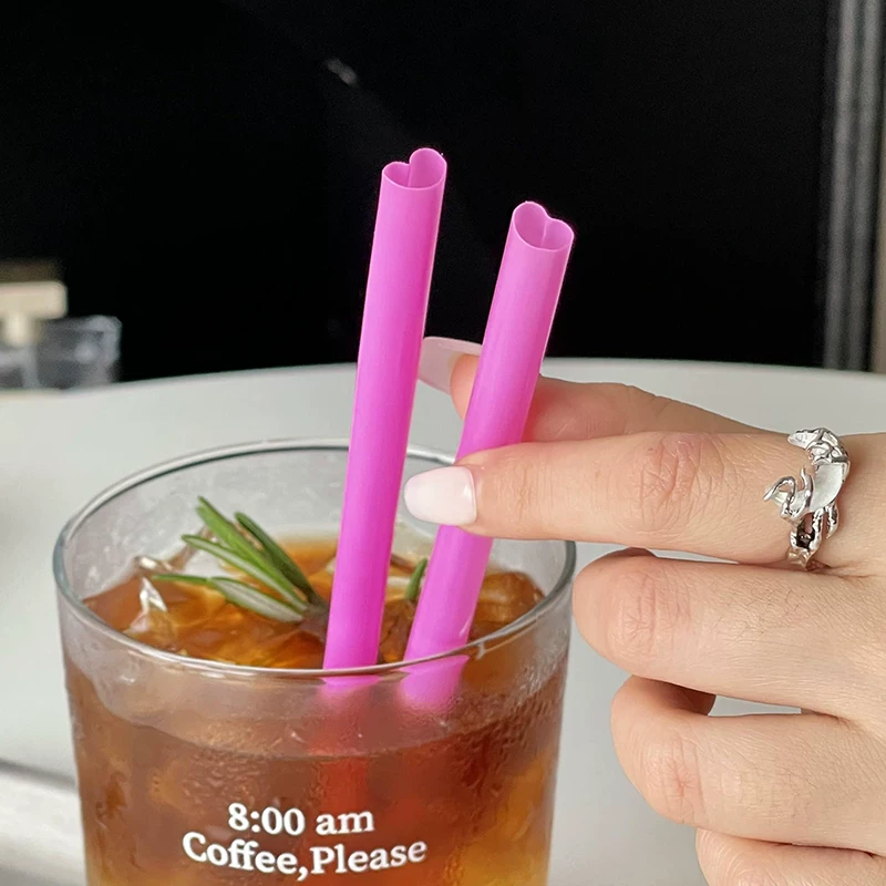Ống hút hình trái tim phong cách Hàn Quốc, ống hút hình trái tim cao cấp đóng gói riêng lẻ dùng cho cà phê, đồ uống và nước ép, ống hút màu hồng.