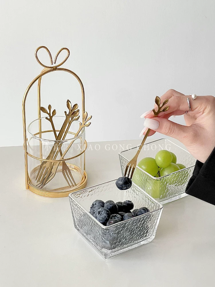 Bộ hộp đựng nĩa trái cây bằng thép không gỉ kiểu châu Âu, nĩa bánh ngọt cao cấp phong cách ins, nĩa dưa hấu