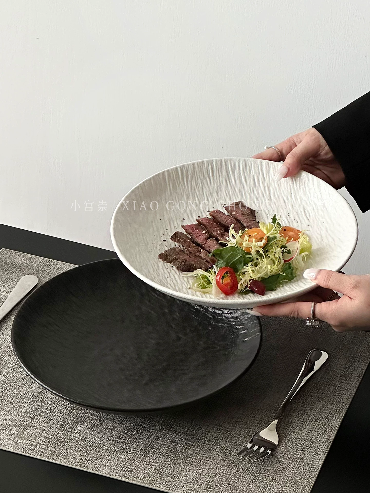 Đĩa sâu bằng gốm có họa tiết đá, đĩa ăn bít tết gia dụng sang trọng nhẹ nhàng, đĩa mì ống, đĩa ăn món Âu cao cấp, đĩa salad rau củ, đĩa ăn