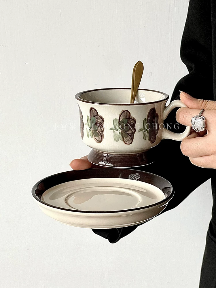 Bộ tách trà và đĩa sứ cổ điển Phần Lan, vẽ tay, họa tiết hoa hồng tươi sáng, ly cà phê latte, bộ tách trà chiều