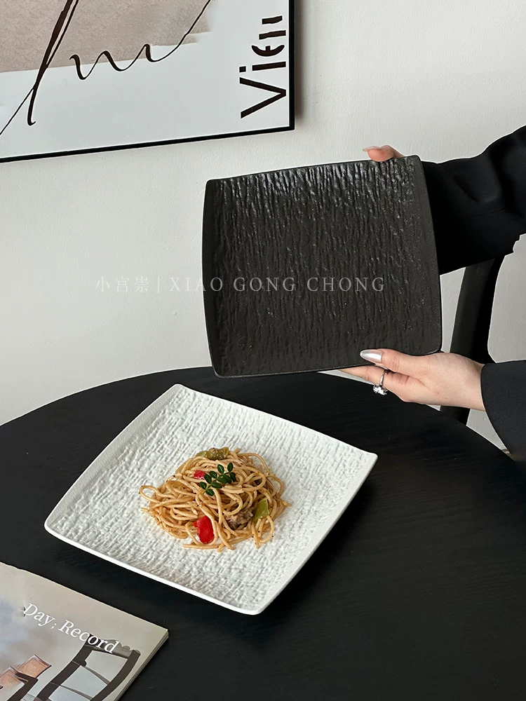 Đĩa ăn bằng gốm sứ, đĩa vuông kiểu phương Tây sang trọng cao cấp, đĩa đựng mì ống, đồ dùng gia đình, đĩa đựng món ăn nhà hàng