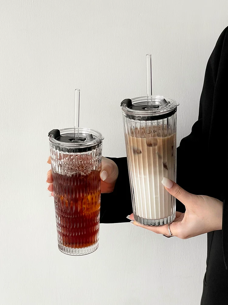 Cốc thủy tinh có ống hút dung tích lớn, cốc cà phê latte đá trong suốt cao cấp, cốc nước gia dụng có nắp dùng cho văn phòng
