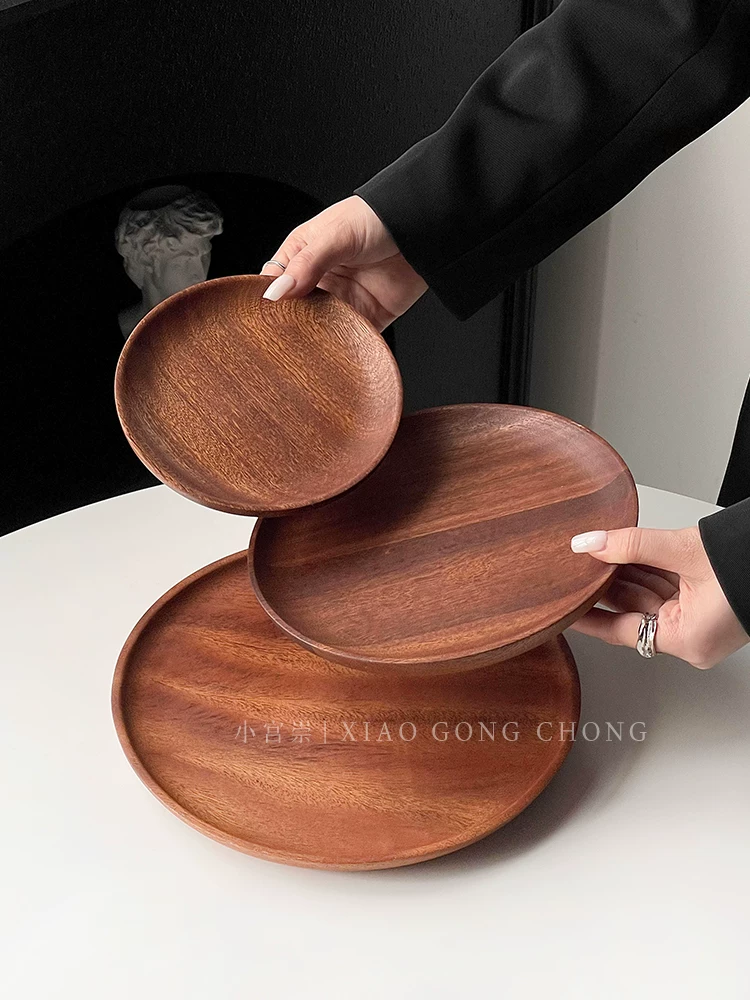 Khay gỗ tròn kiểu Nhật dùng trong nhà, khay trà, khay tráng miệng, khay trái cây, đĩa bánh ngọt kiểu ins, đĩa ăn