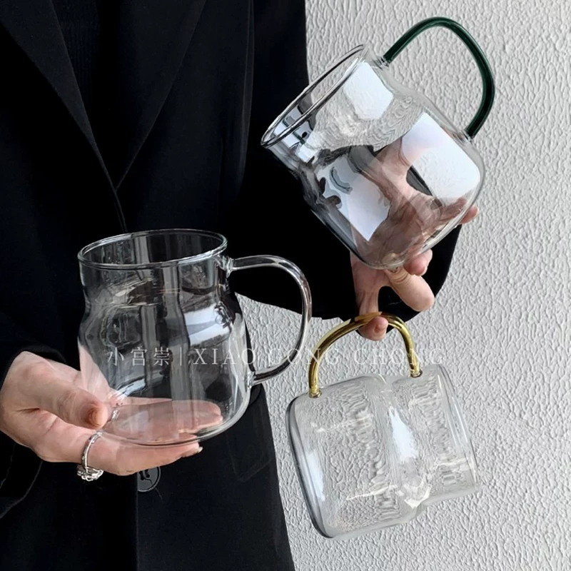 Cốc thủy tinh dung tích lớn có tay cầm, cốc nước chịu nhiệt bằng thủy tinh borosilicate cao cấp phong cách ins, cốc cà phê, cốc sữa, cốc nước ép.